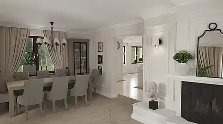 Wnętrze jadalni z drewnianym stołem, szarymi krzesłami i eleganckimi dodatkami w stylu quiet luxury.