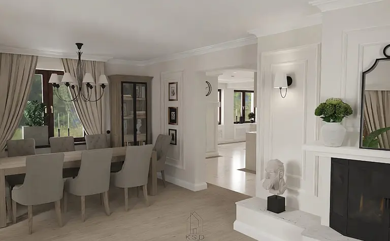 Wnętrze jadalni z drewnianym stołem, szarymi krzesłami i eleganckimi dodatkami w stylu quiet luxury.