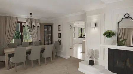 Wnętrze jadalni z drewnianym stołem, szarymi krzesłami i eleganckimi dodatkami w stylu quiet luxury.