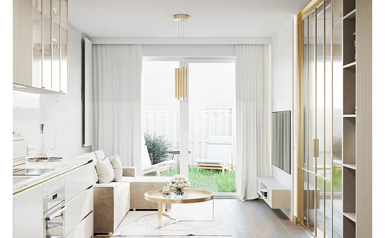 Wnętrze kuchni w stylu glamour z minimalistycznymi akcentami, nowoczesnymi meblami i dużymi oknami.