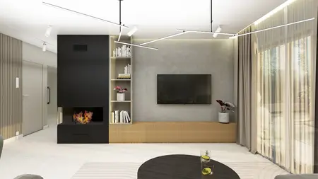 Nowoczesny salon z szarymi ścianami i czarnym kominkiem.
