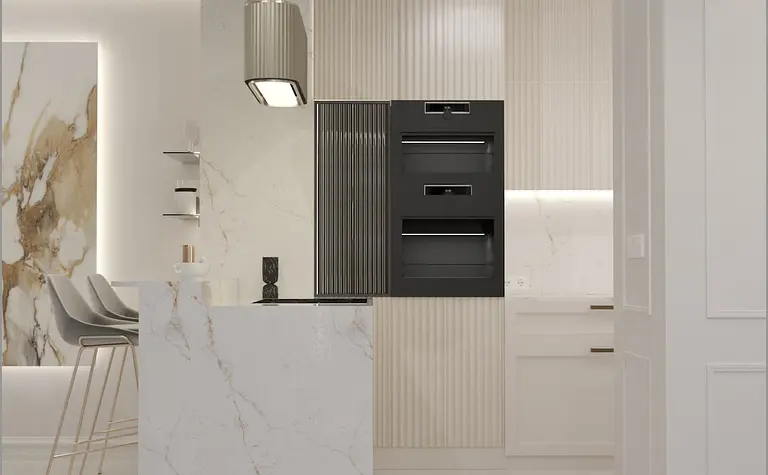 Kuchnia w stylu art deco z minimalistycznymi akcentami glamour i eleganckimi meblami.