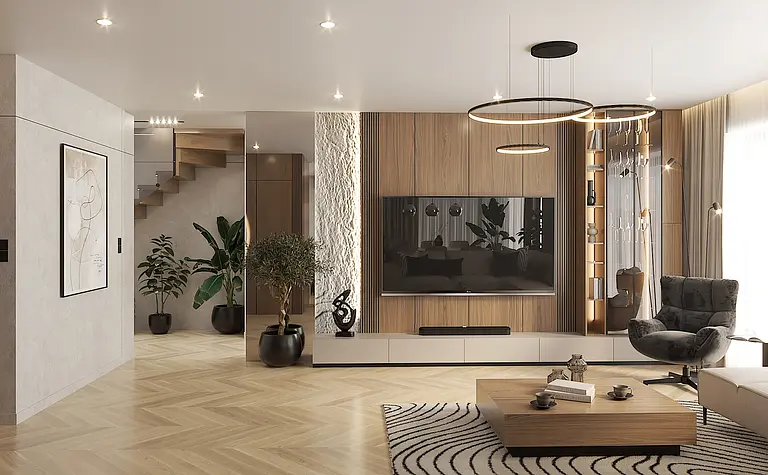 Wnętrze salonu z drewnianymi meblami, roślinami i nowoczesnym telewizorem