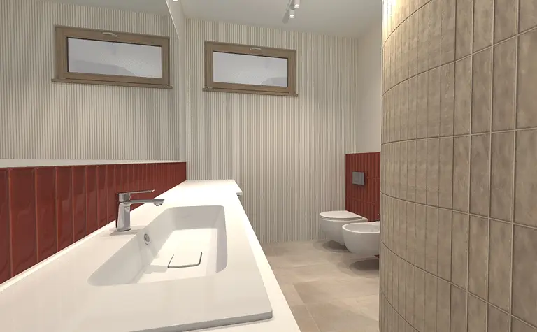 Nowoczesna łazienka z białą umywalką, czerwonymi płytkami i eklektycznym wykończeniem.