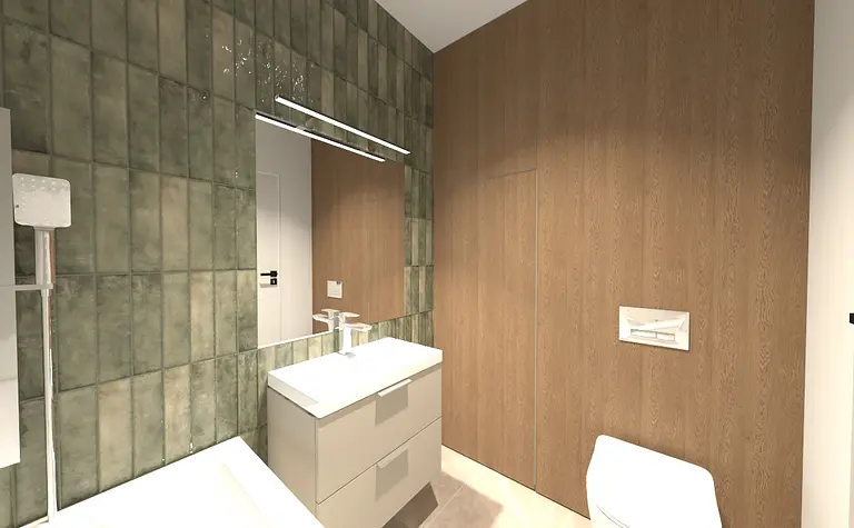 Współczesna łazienka z drewnianymi elementami i zielonymi płytkami.