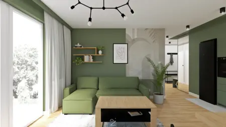 Wnętrze salonu w stylu minimalistycznym z zieloną kanapą, drewnianym stolikiem i roślinami.