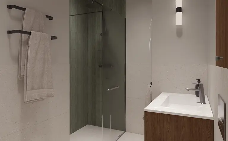 Nowoczesna łazienka z prysznicem, drewnianą szafką i eklektycznymi akcentami.