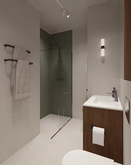 Nowoczesna łazienka z prysznicem, drewnianą szafką i eklektycznymi akcentami.