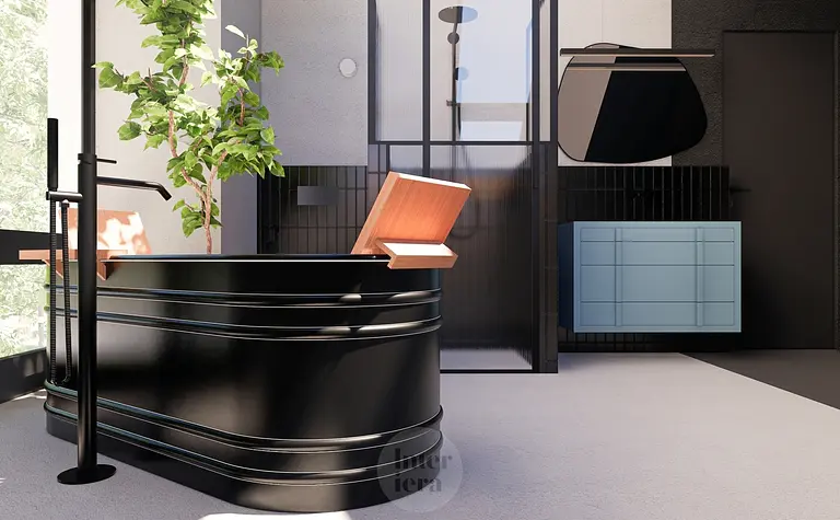 Nowoczesna łazienka z czarną wanną, niebieską szafką oraz roślinnością, w stylu eklektycznym i japandi.