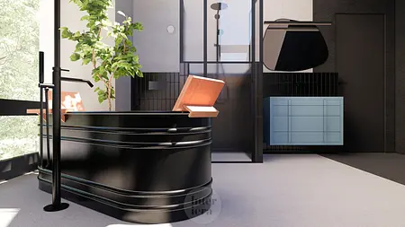 Nowoczesna łazienka z czarną wanną, niebieską szafką oraz roślinnością, w stylu eklektycznym i japandi.