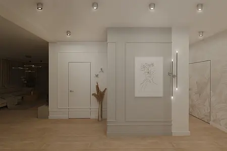 Przedpokój z białymi ścianami, drewnianą podłogą i elementami glamour.