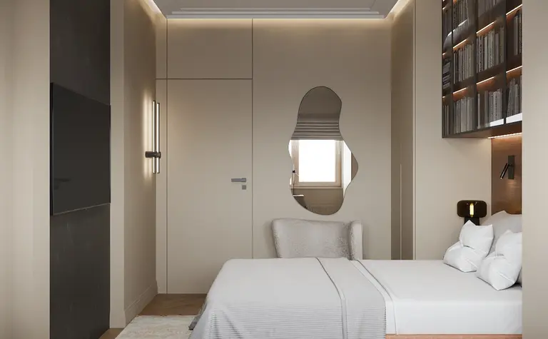 Wnętrze sypialni z minimalistycznym designem, nowoczesnym oświetleniem i współczesnymi meblami.