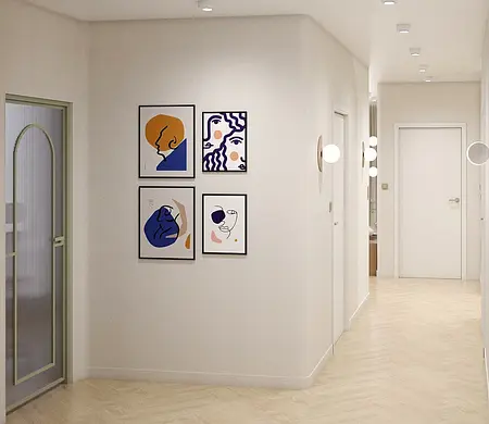 Przedpokój z nowoczesnymi ilustracjami i jasnymi ścianami w stylu eklektycznym.