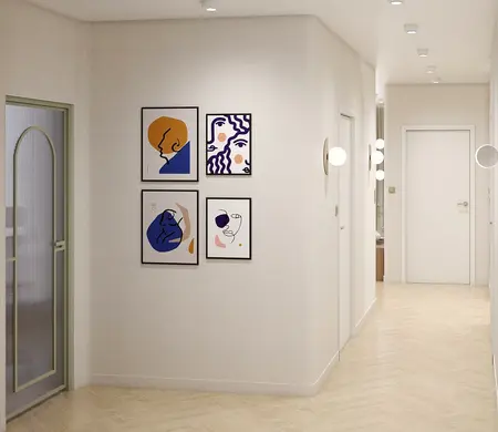 Przedpokój z nowoczesnymi ilustracjami i jasnymi ścianami w stylu eklektycznym.