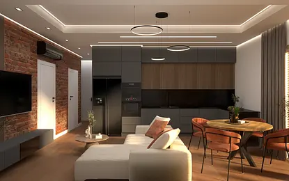 Wnętrze kuchni z ciemnymi meblami i drewnianym blatem, nowoczesny design.