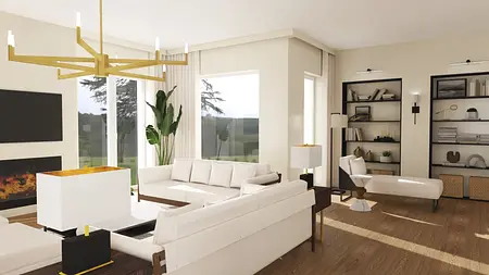 Wnętrze salonu w stylu minimaluxe z białymi meblami i drewnianymi detalami.