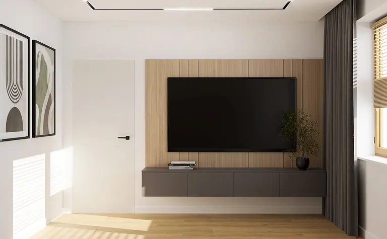 Wnętrze salonu z telewizorem, drewnianą ścianą i minimalistycznymi dekoracjami.