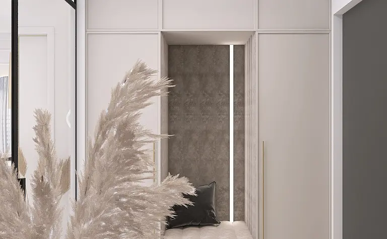 Wnętrze przedpokoju z minimalistycznym designem, nowoczesnym stylem i elementami quiet luxury.