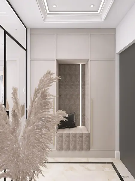 Wnętrze przedpokoju z minimalistycznym designem, nowoczesnym stylem i elementami quiet luxury.