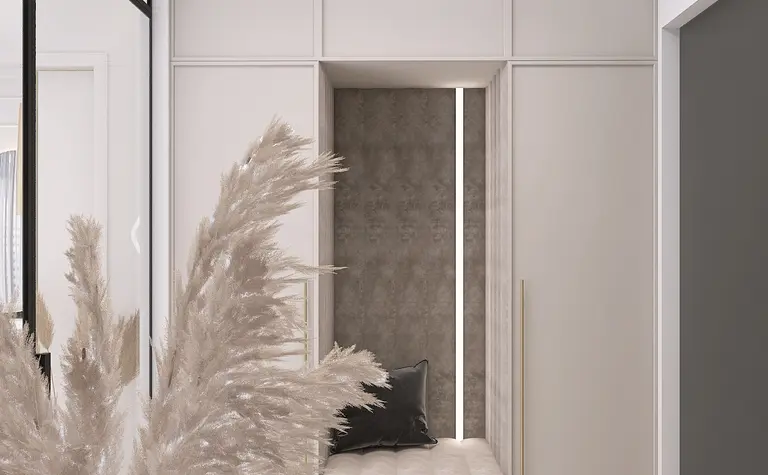 Wnętrze przedpokoju z minimalistycznym designem, nowoczesnym stylem i elementami quiet luxury.