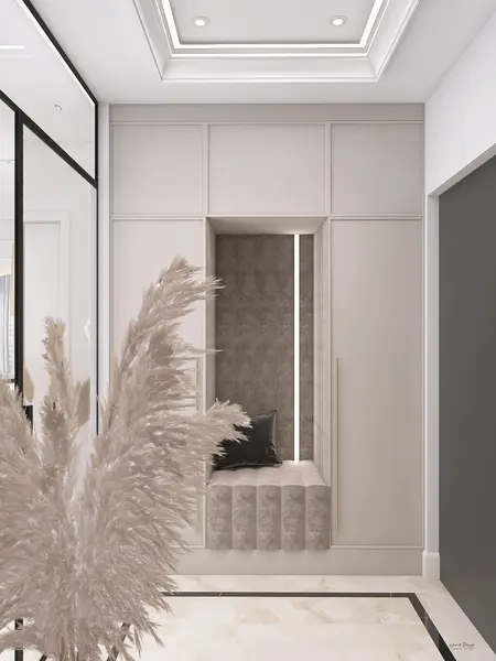 Wnętrze przedpokoju z minimalistycznym designem, nowoczesnym stylem i elementami quiet luxury.