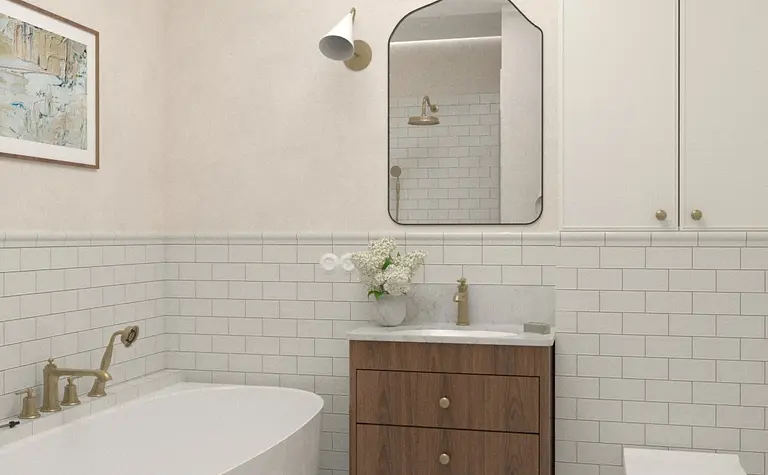 Wnętrze łazienki w stylu art deco, minimalistycznym i tradycyjnym z białą wanną i drewnianymi akcentami.