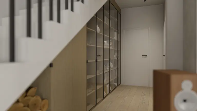 Przedpokój z nowoczesną szafą i drewnianą podłogą, minimalistyczny design.