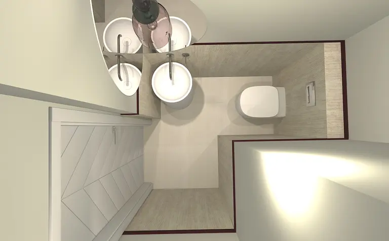 Wnętrze łazienki z białą ceramiką i eklektycznymi detalami