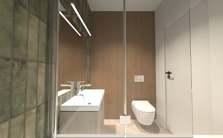 Współczesna łazienka z drewnianymi elementami, umywalką i toaletą.