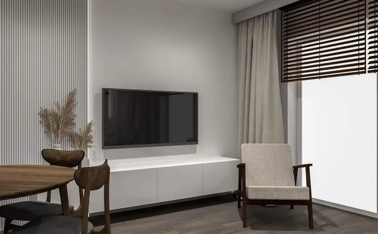 Wnętrze salonu z telewizorem, drewnianym stołem i roślinami, styl minimalistyczny, nowoczesny, vintage.