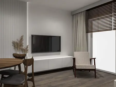 Wnętrze salonu z telewizorem, drewnianym stołem i roślinami, styl minimalistyczny, nowoczesny, vintage.