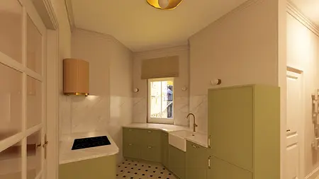 Kuchnia w stylu vintage z zielonymi meblami i marmurowym blatem.