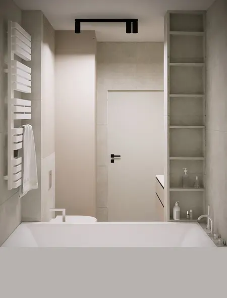 Nowoczesna łazienka z białą wanną, szarymi płytkami, minimalistyczny design