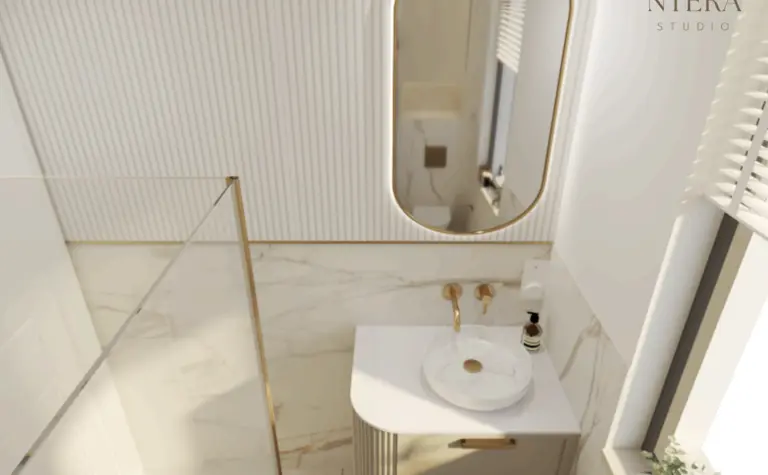 Nowoczesna łazienka w stylu art deco, glamour i minimalistycznym z białą umywalką.