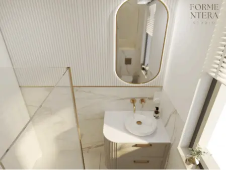 Nowoczesna łazienka w stylu art deco, glamour i minimalistycznym z białą umywalką.