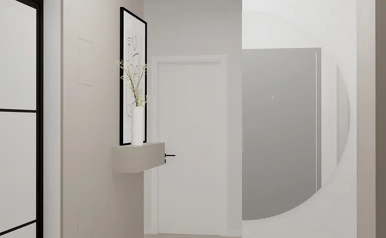 Przedpokój minimalistyczny z nowoczesnym oświetleniem, dużym lustrem i drewnianą podłogą.