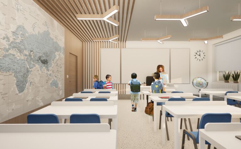 Wnętrze klasy z białymi stołami i niebieskimi krzesłami, minimalistyczny design.