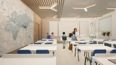 Wnętrze klasy z białymi stołami i niebieskimi krzesłami, minimalistyczny design.