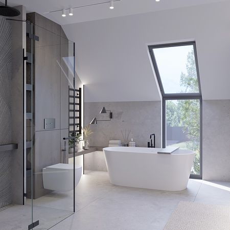 Minimalistyczna łazienka z nowoczesną wanną i prysznicem.