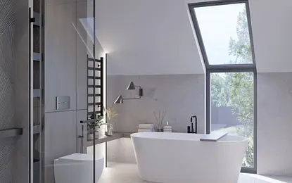 Minimalistyczna łazienka z nowoczesną wanną i prysznicem.