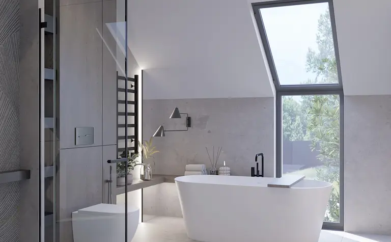 Minimalistyczna łazienka z nowoczesną wanną i prysznicem.