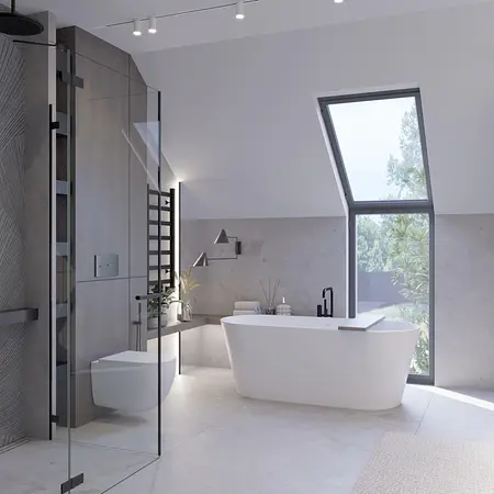 Minimalistyczna łazienka z nowoczesną wanną i prysznicem.