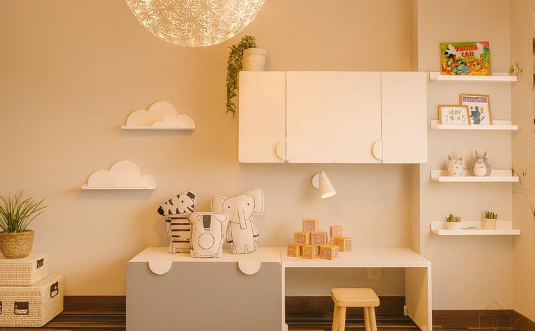 Pokój dziecięcy w stylu minimalistycznym, nowoczesnym i skandynawskim z białymi meblami.