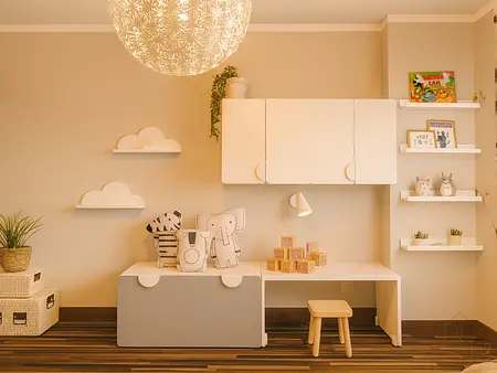 Pokój dziecięcy w stylu minimalistycznym, nowoczesnym i skandynawskim z białymi meblami.