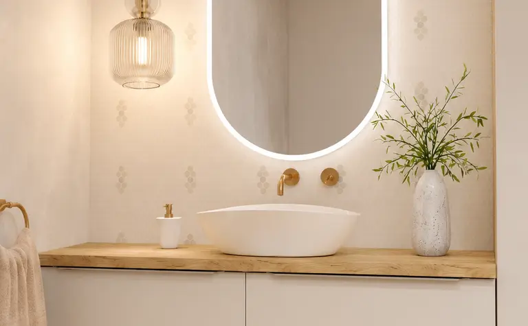 Nowoczesna łazienka z białą umywalką, drewnianym blatem i stylowymi akcentami glamour i skandynawskim.