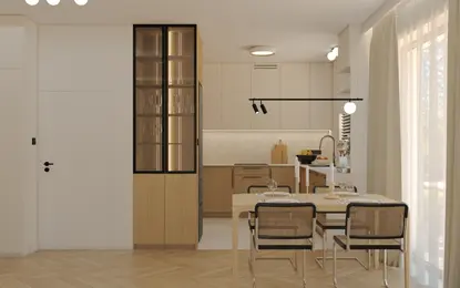 Wnętrze kuchni w stylu japandi, minimalistycznym i nowoczesnym z drewnianymi akcentami.