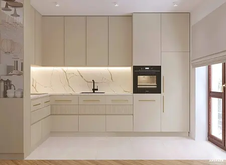 Wnętrze nowoczesnej kuchni z beżowymi meblami i białym blatem.