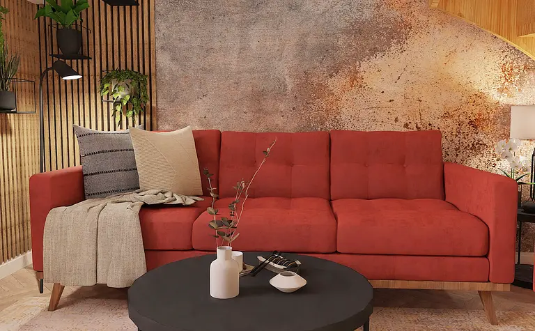 Wnętrze salonu z czerwoną sofą, drewnianym stołem i nowoczesnym oświetleniem.