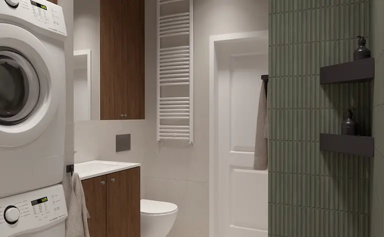 Wnętrze łazienki w stylu dopaminowym i japandi z drewnem.