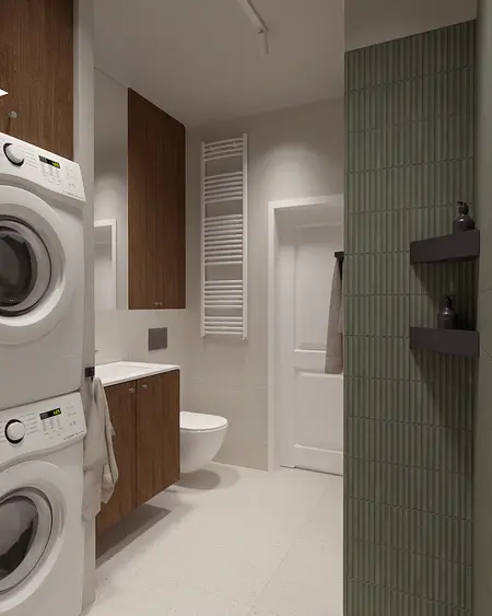 Wnętrze łazienki w stylu dopaminowym i japandi z drewnem.